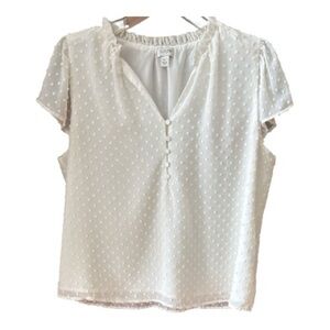 J. Crew Ivory V‑Neck Blouse – Flutter Sleeves, Ruffle Collar & Swiss Dots